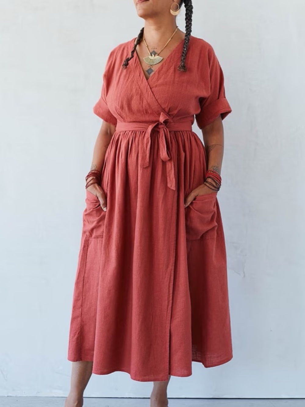 Curator SF Ansilee Terracotta Cotton Dolman Sleeve Midi Wrap Dress SZ XL